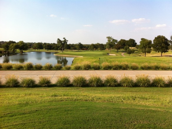 Pin on the left side with trouble to the left side of green. Aim for the center of the green and hit a draw.